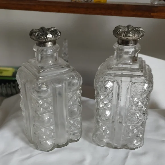 Vintage Glass Bottles with Silver Tops - Picture 1 of 7